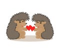 Two cute hedgehogs and hearts. Cartoon. Valentine`s Day. Vector.